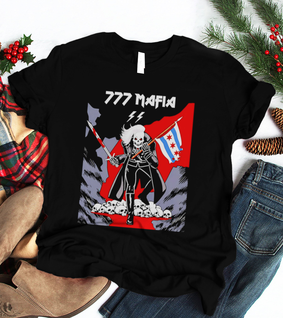 777 Mafia Chicago Flag Skeleton Skull T-Shirt