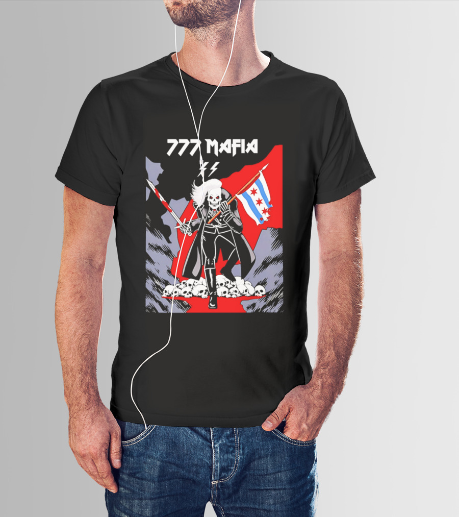 777 Mafia Chicago Flag Skeleton Skull T-Shirt