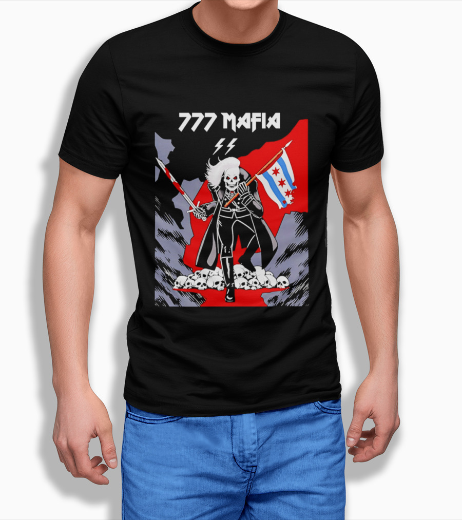 777 Mafia Chicago Flag Skeleton Skull T-Shirt