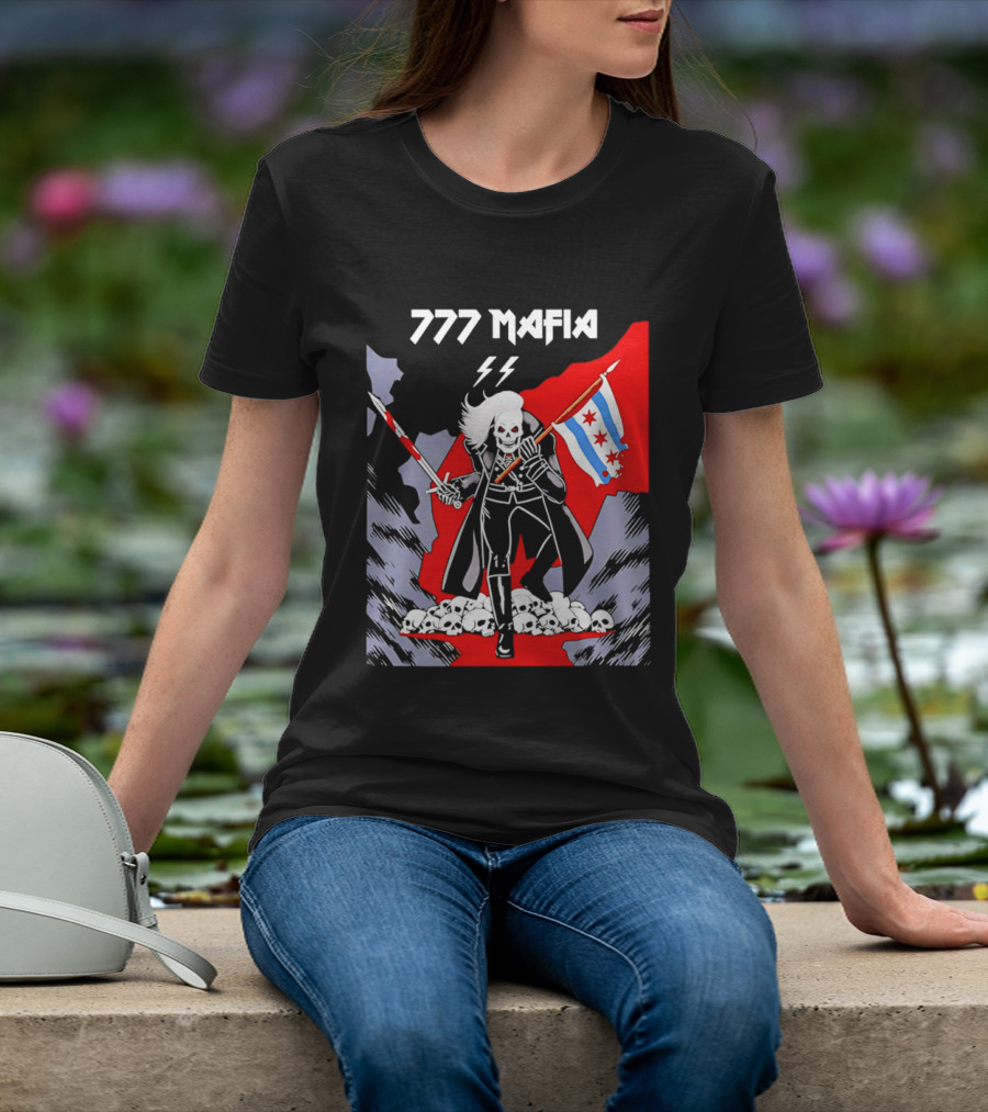 777 Mafia Chicago Flag Skeleton Skull T-Shirt