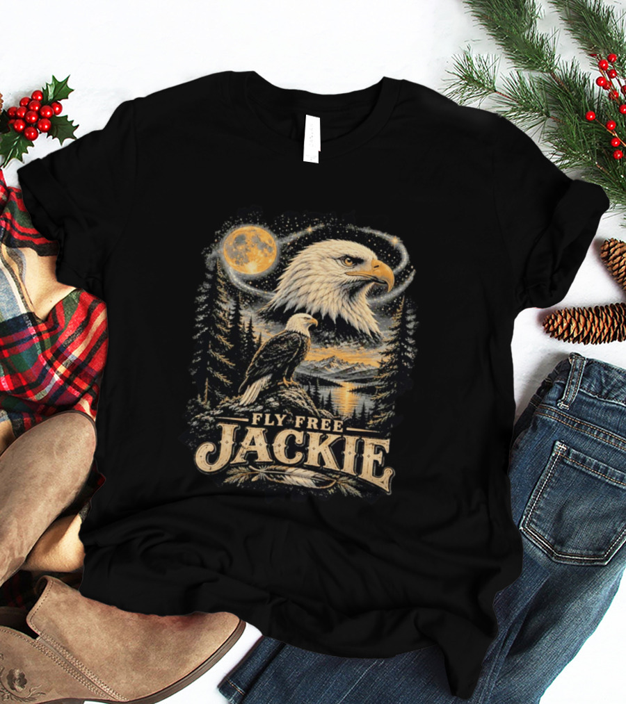 Fly Free Jackie Bald Eagle Scenic Tribute Moonlit Forest Landscape T-Shirt