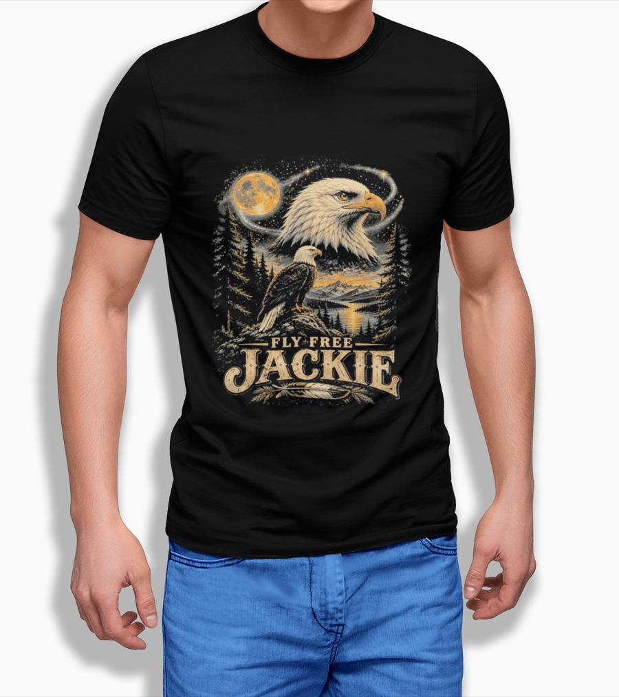 Fly Free Jackie Bald Eagle Scenic Tribute Moonlit Forest Landscape T-Shirt