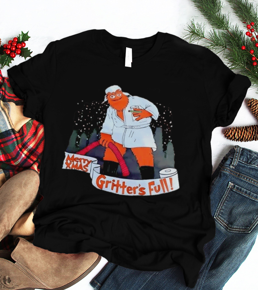 Merry Xmas Gritters Full Cartoon Orange Bathrobe Holding Hose T-Shirt