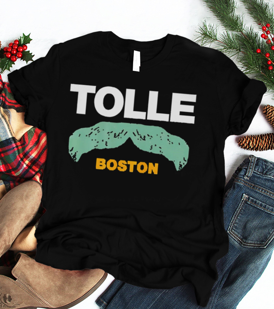 Tolle Boston White And Yellow Distressed Green Mustache T-Shirt