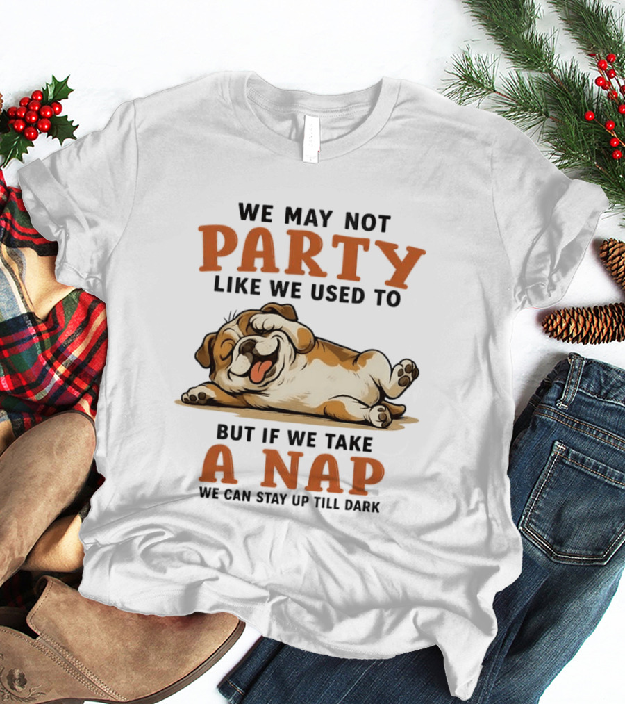 We May Not Party Like We Used To But If We Take A Nap We Can Stay Up Till Dark Cartoon Bulldog Lying Down T-Shirt