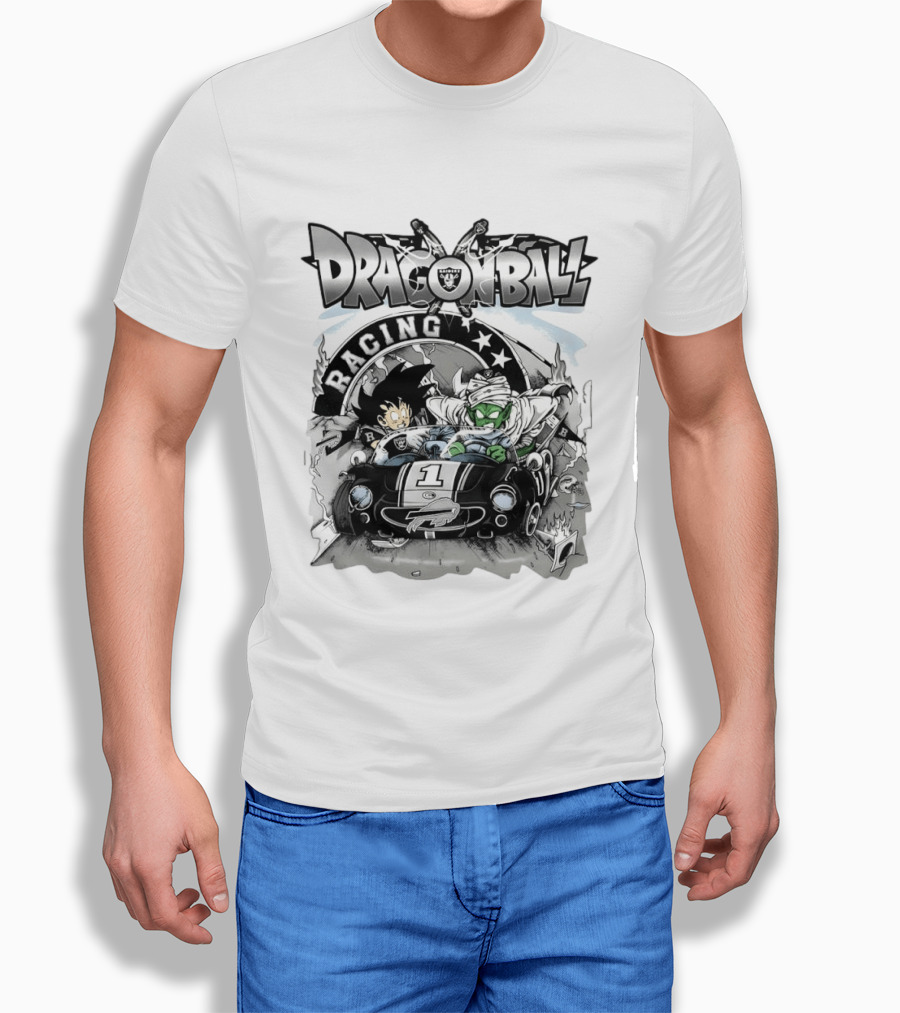 Las Vegas Raiders Dragon Ball Racing Goku Piccolo Driving Black Car Cartoon Raiders NFL T-Shirt
