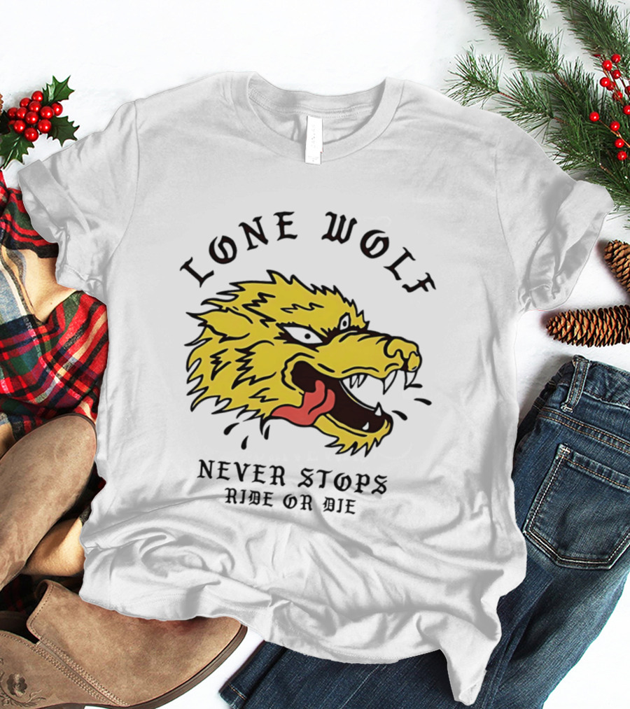Lone Wolf Never Stops Ride Or Die Fierce Yellow Wolf Head T-Shirt