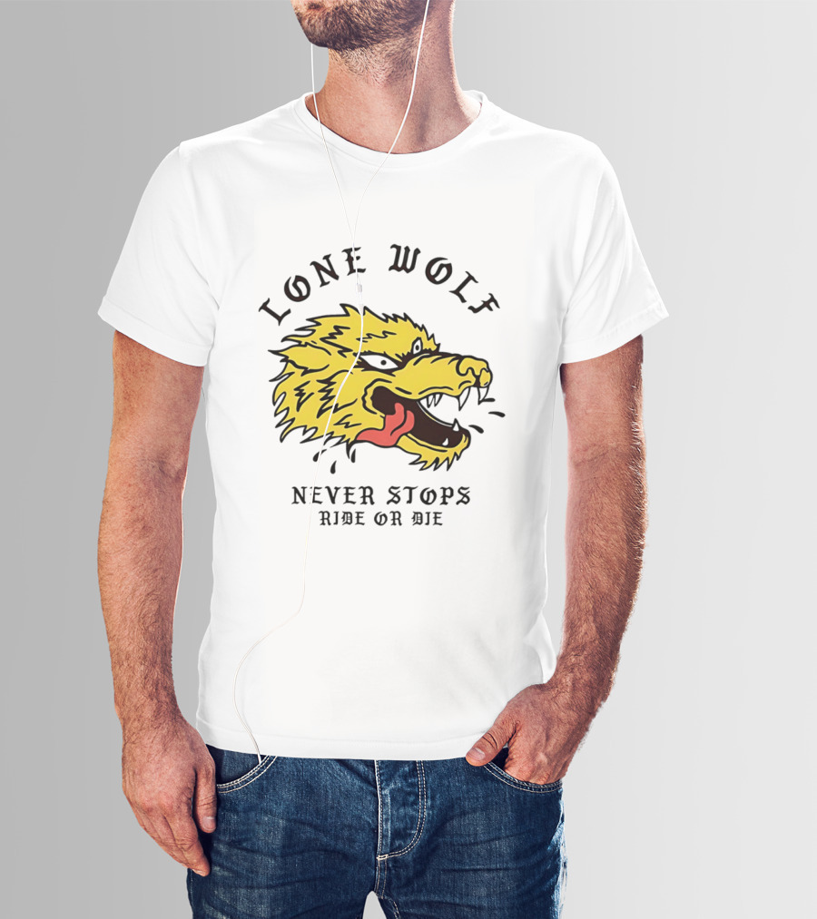 Lone Wolf Never Stops Ride Or Die Fierce Yellow Wolf Head T-Shirt