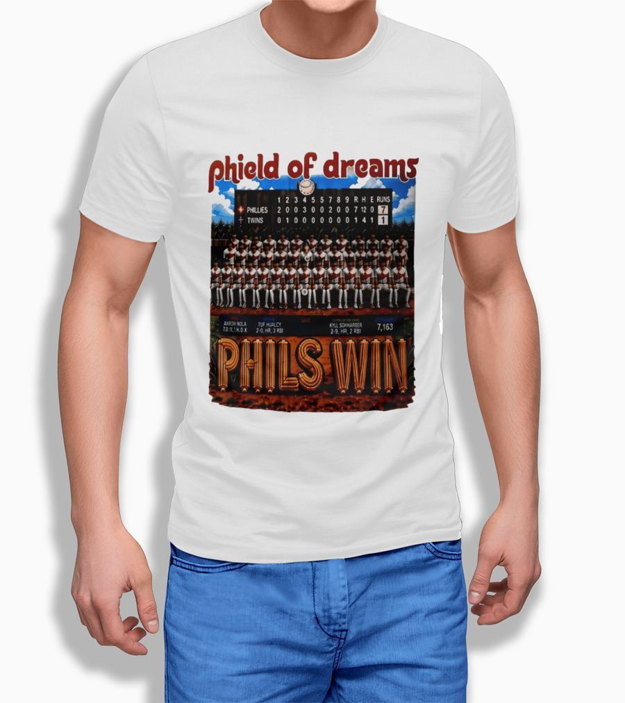 Philadelphia Phillies Phield Of Dreams Phils Win Twins Scoreboard Aaron Nola Tuf Hualcy Kyle Sohnharser 7163 Attendance T-Shirt