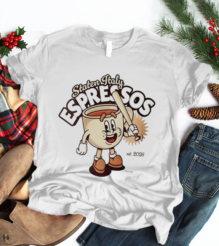 Staten Italy Espressos Est 2026 Cartoon Coffee Cup With Baseball Bat T-Shirt