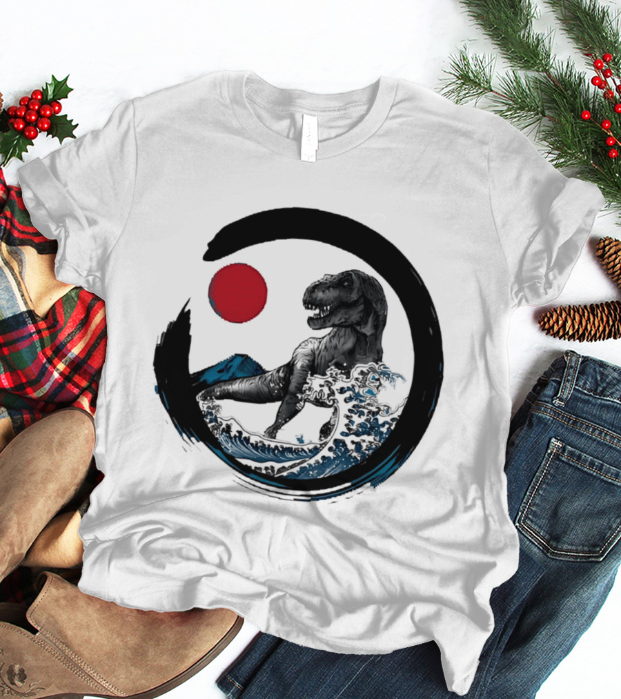 Tyrannosaurus Rex Riding Great Wave With Mount Fuji Enso And Red Sun T-Shirt