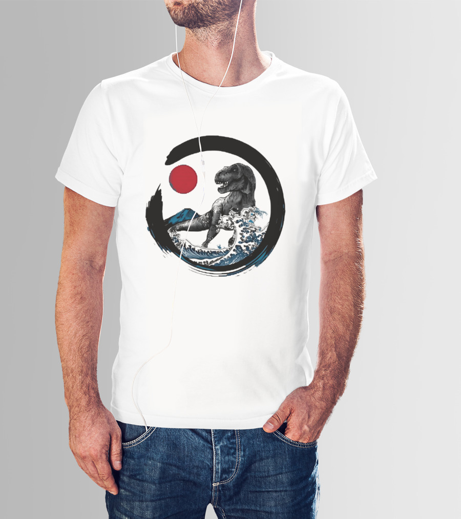 Tyrannosaurus Rex Riding Great Wave With Mount Fuji Enso And Red Sun T-Shirt