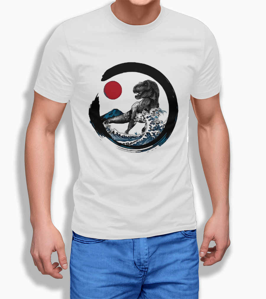 Tyrannosaurus Rex Riding Great Wave With Mount Fuji Enso And Red Sun T-Shirt