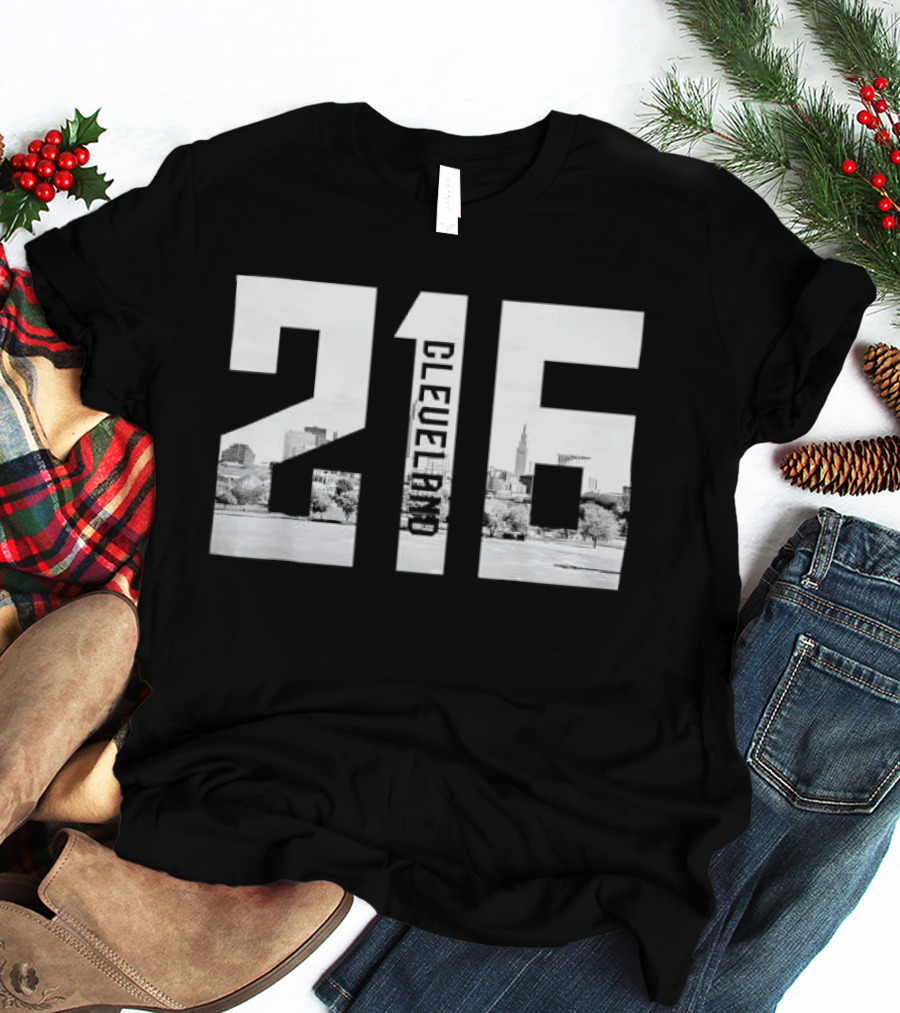 216 Cleveland Monochrome City Skyline Photo Cutout T-Shirt