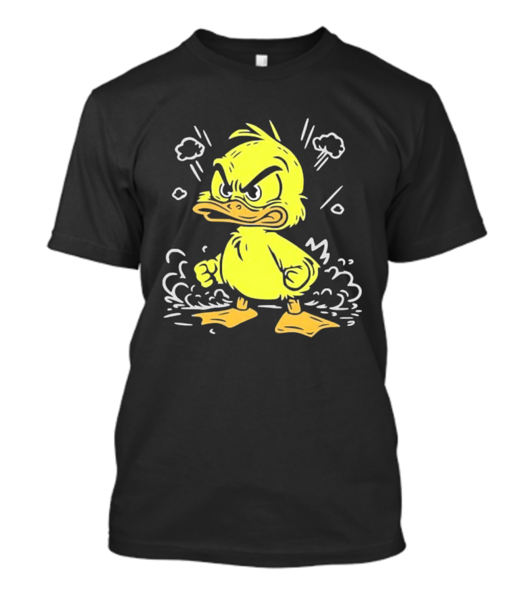 Angry Yellow Duckling Clenched Fists Smoke Clouds Cartoon Line T-Shirt