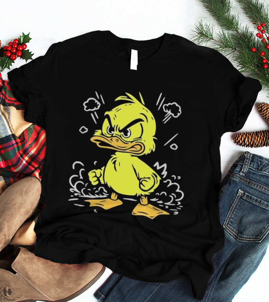 Angry Yellow Duckling Clenched Fists Smoke Clouds Cartoon Line T-Shirt