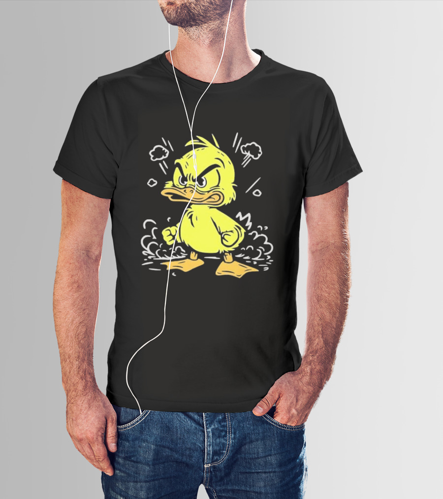 Angry Yellow Duckling Clenched Fists Smoke Clouds Cartoon Line T-Shirt
