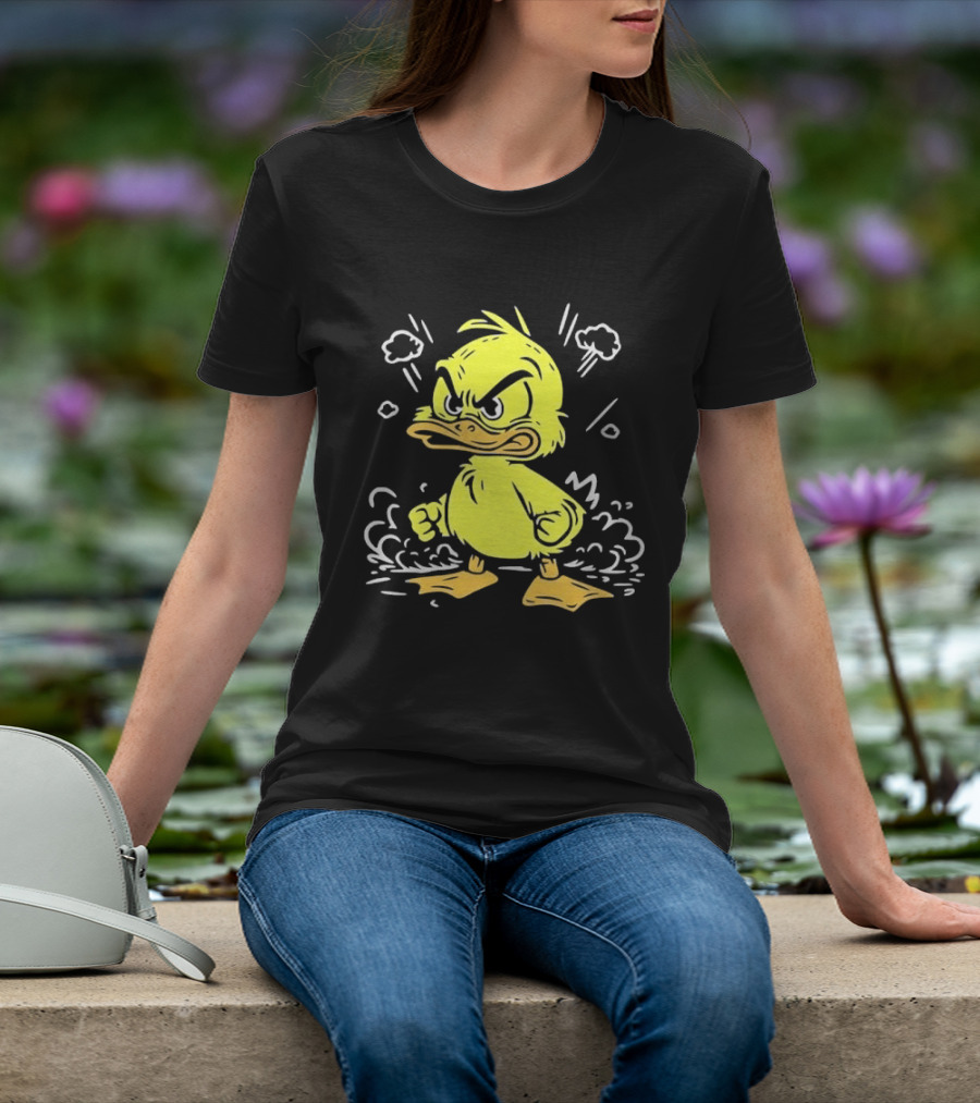 Angry Yellow Duckling Clenched Fists Smoke Clouds Cartoon Line T-Shirt