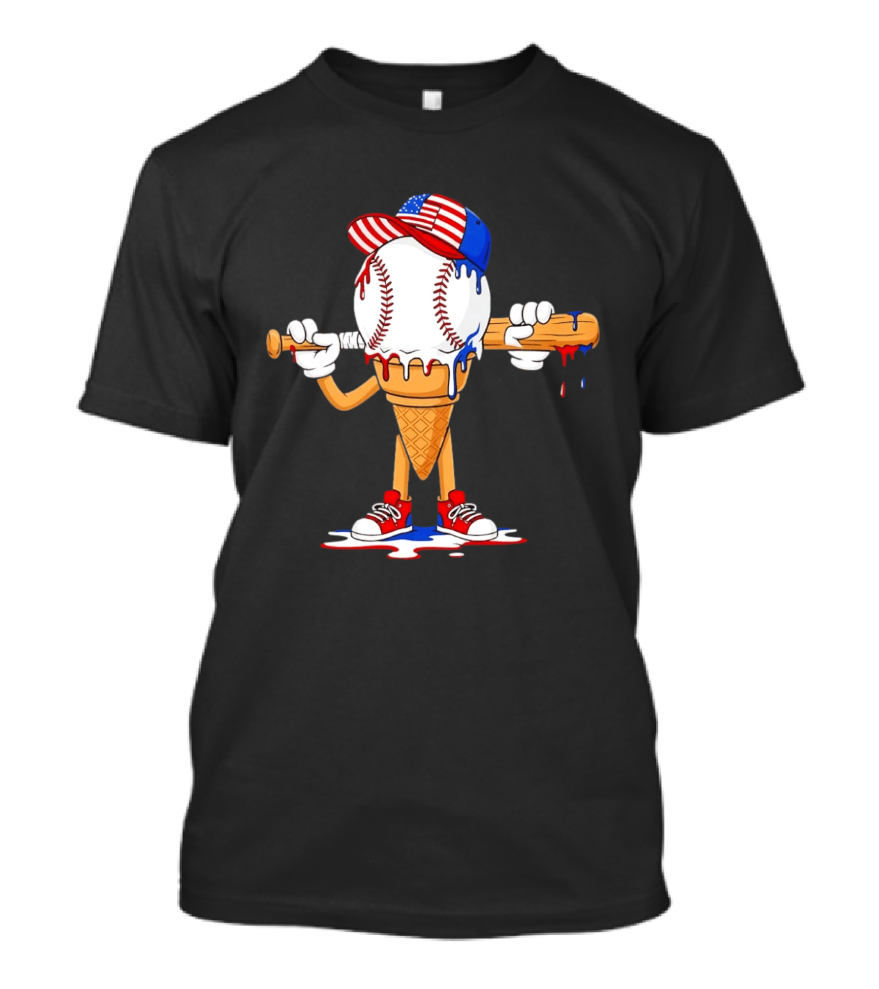 Patriotic Ice Cream Baseball Cone USA Flag Cap And Bat T-Shirt