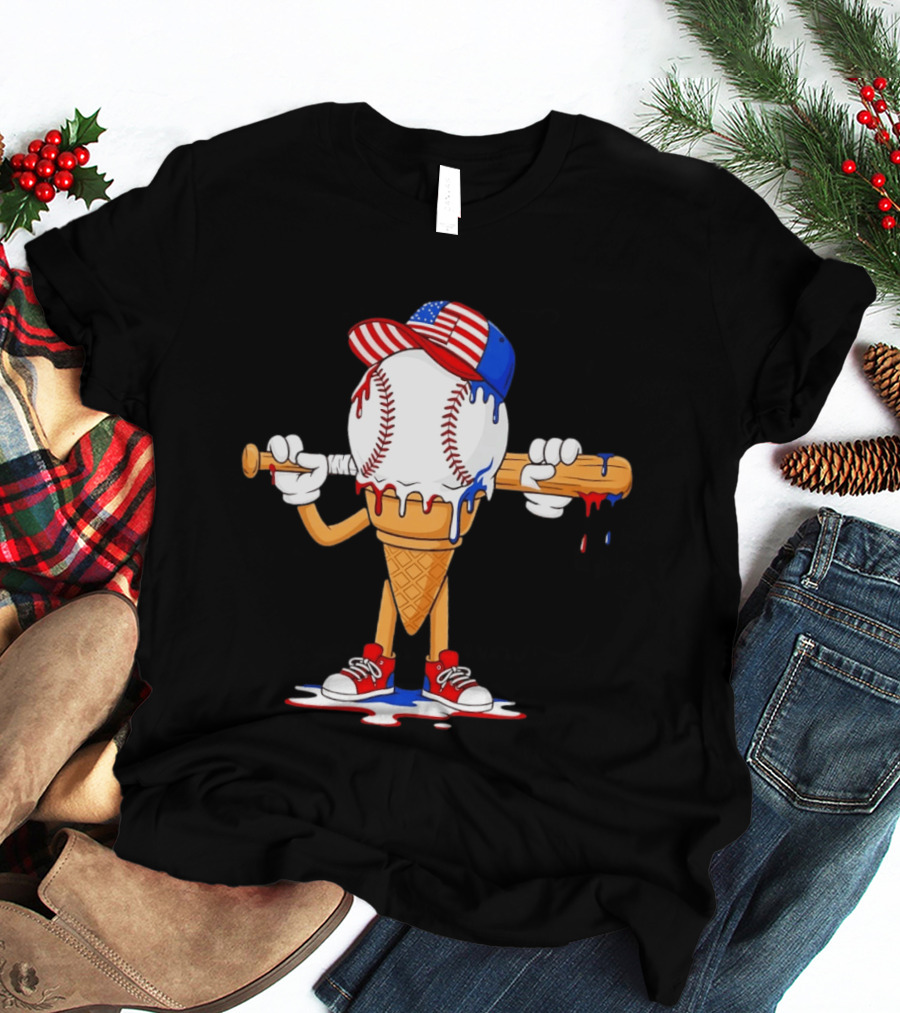 Patriotic Ice Cream Baseball Cone USA Flag Cap And Bat T-Shirt