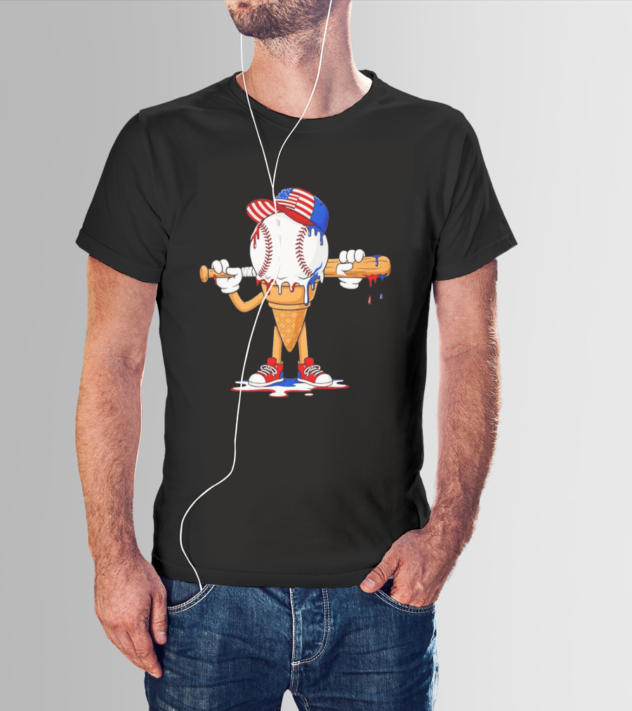 Patriotic Ice Cream Baseball Cone USA Flag Cap And Bat T-Shirt