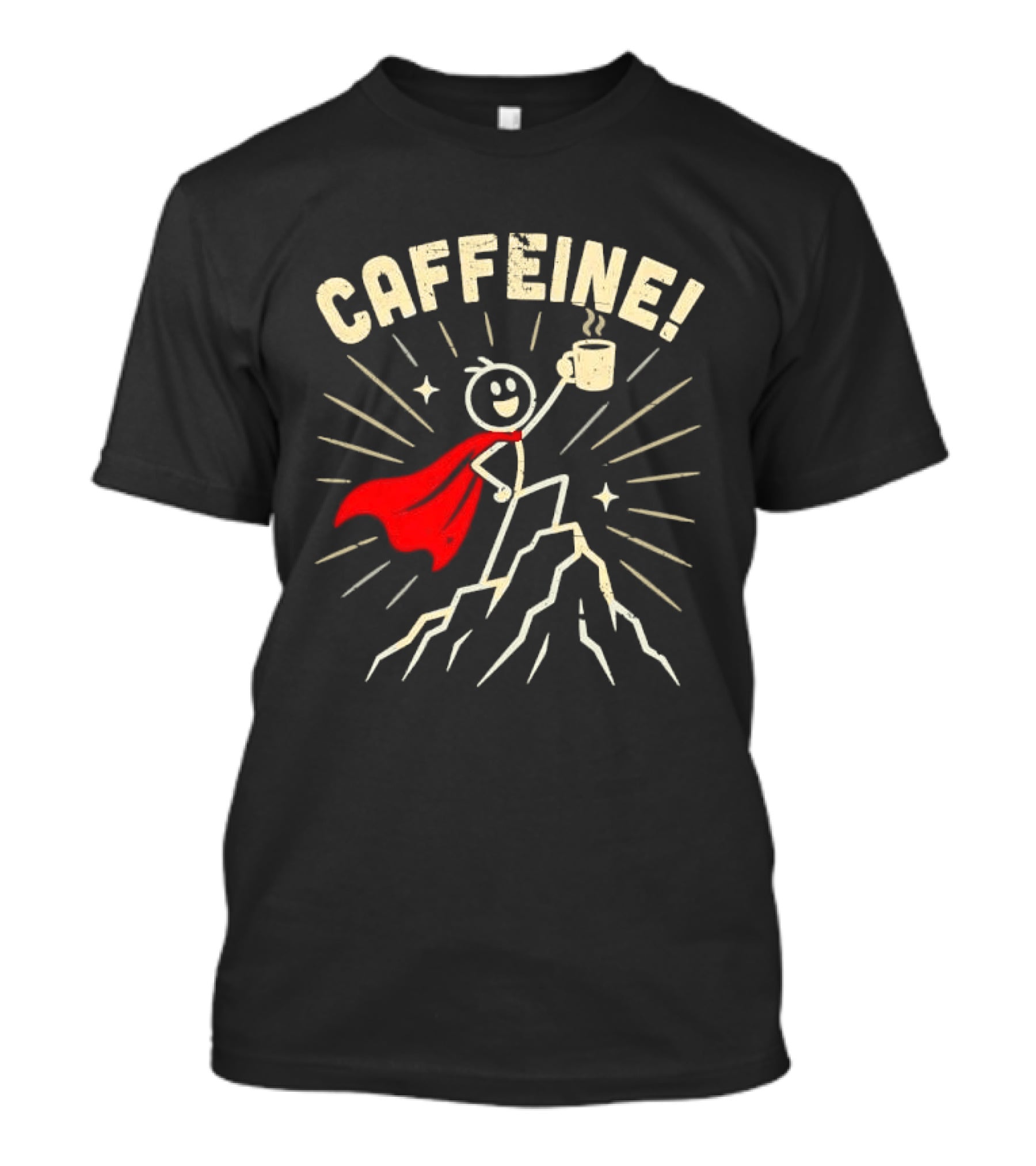 Caffeine Distressed Stick Figure Superhero Holding Coffee On Mountain Peak T-Shirt