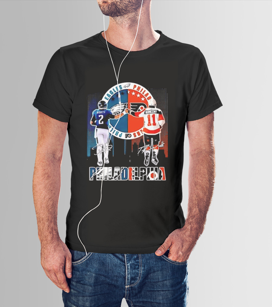 Philadelphia Eagles Flyers Hurts Konecny Fist Bump Split Crest Skyline T-Shirt