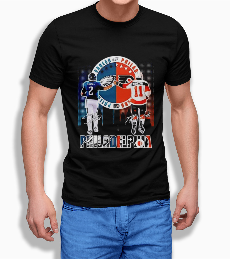 Philadelphia Eagles Flyers Hurts Konecny Fist Bump Split Crest Skyline T-Shirt