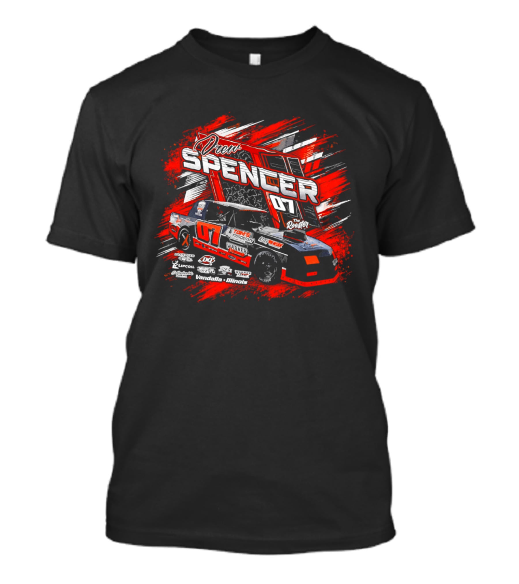 Drew Spencer 07 The Rooster Tom's Taxidermy Vandalia Illinois Racing Car T-Shirt