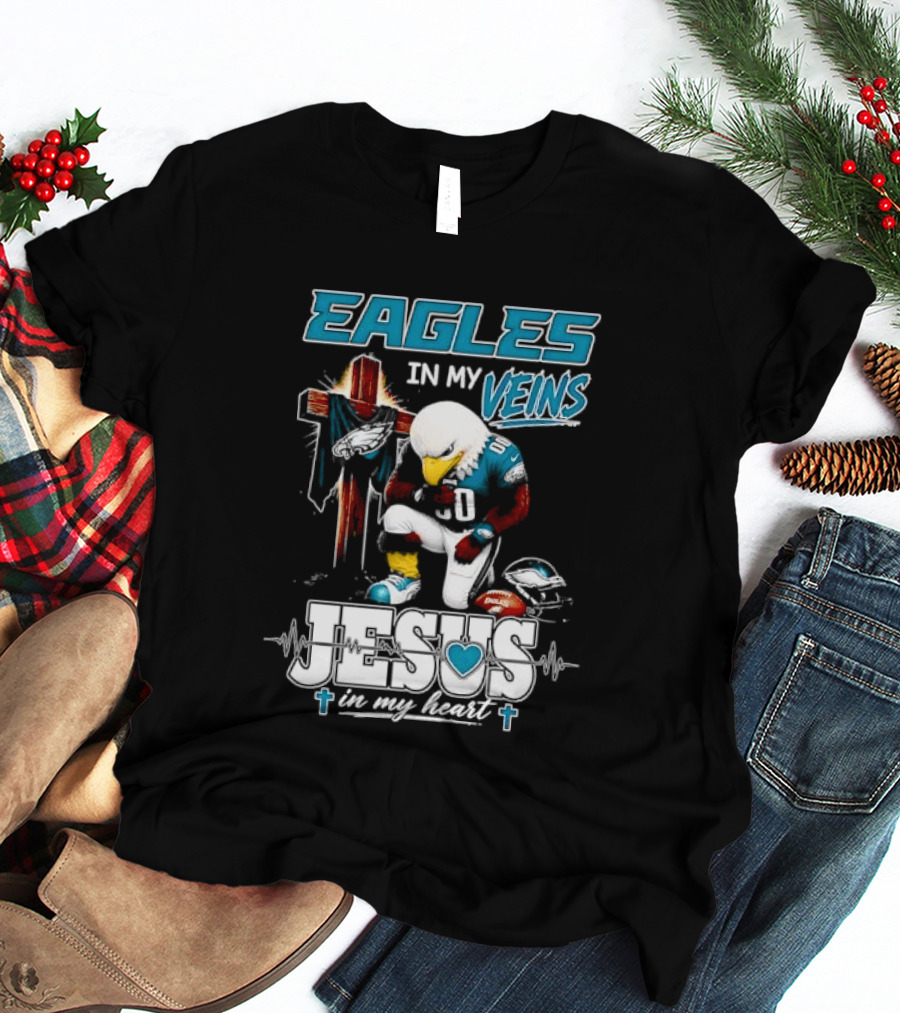 Eagles In My Veins Jesus In My Heart Kneeling Cross Football Helmet T-Shirt