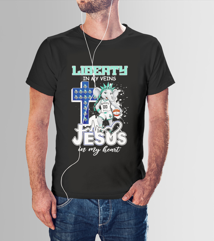 Liberty In My Veins Jesus In My Heart New York Liberty Elephant Basketball Cross T-Shirt