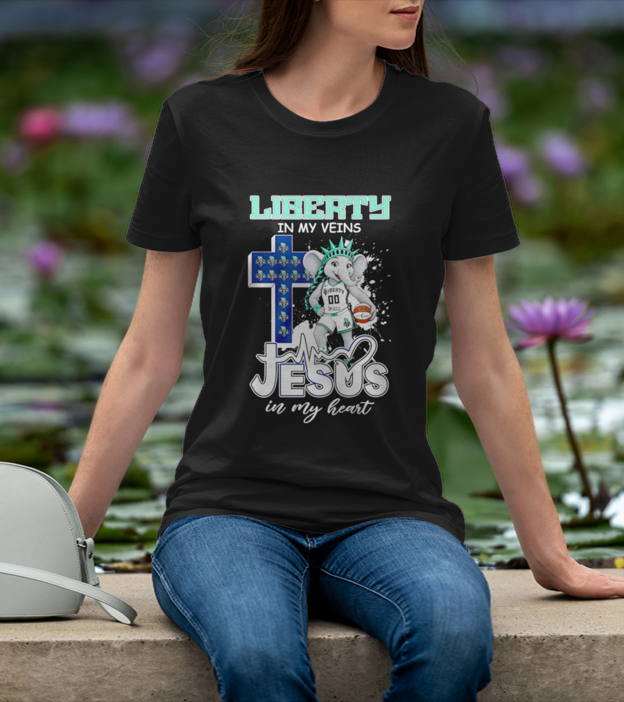 Liberty In My Veins Jesus In My Heart New York Liberty Elephant Basketball Cross T-Shirt