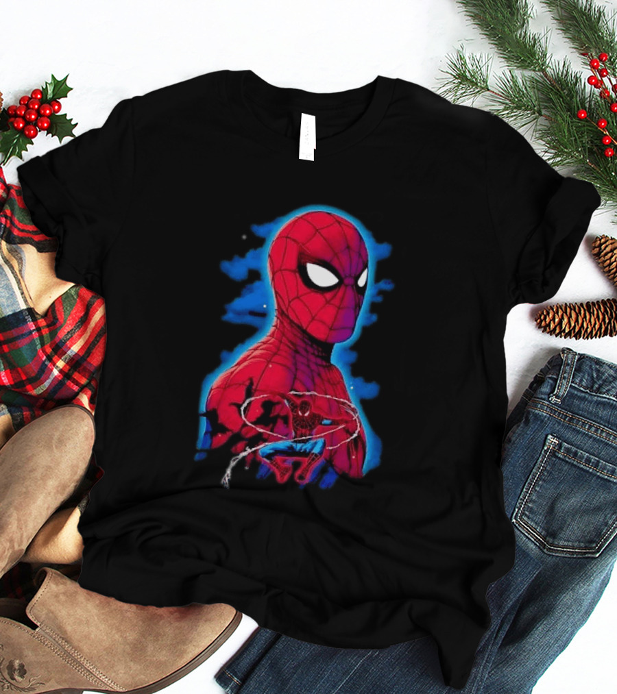 Marvel Spider Man Bust Crouching Web Action Silhouette Clouds T-Shirt