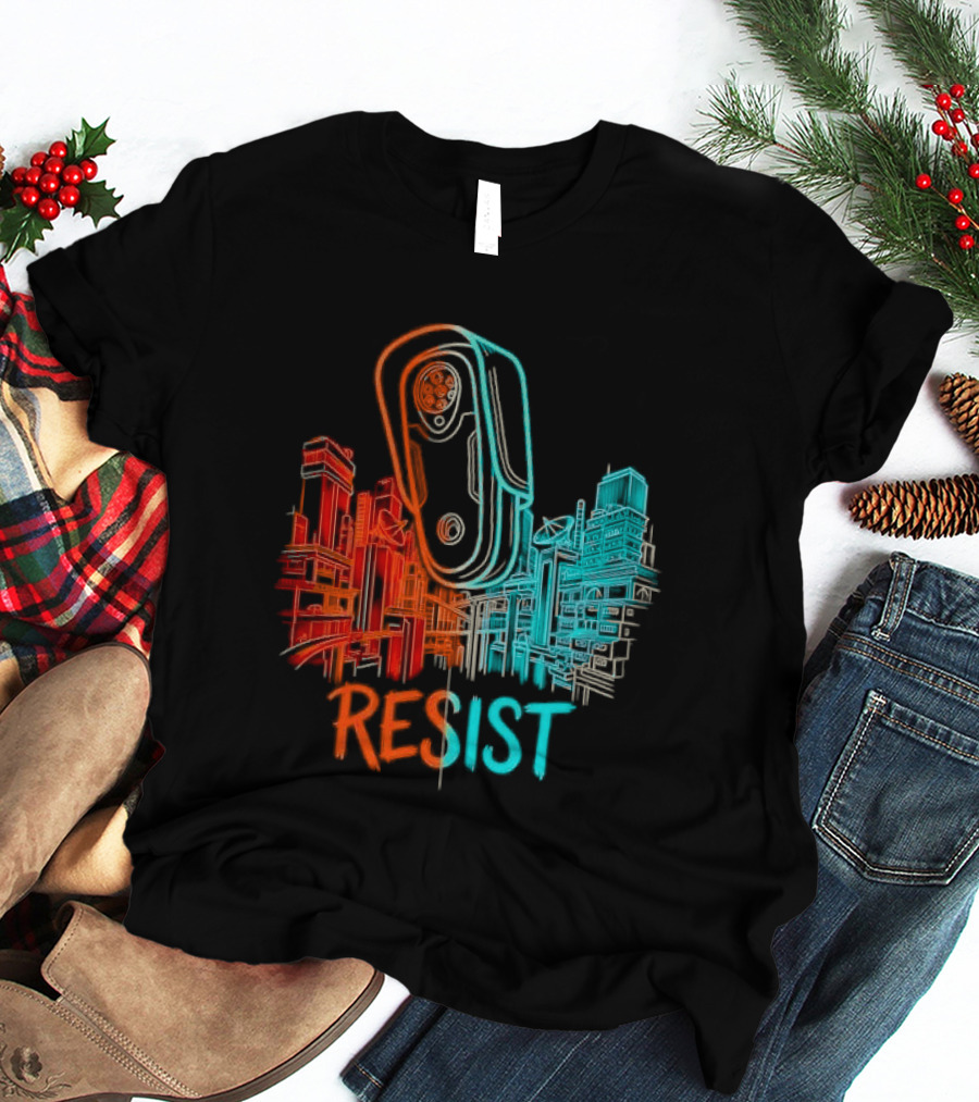 Resist Surveillance Neon City Skyline Security Camera T-Shirt