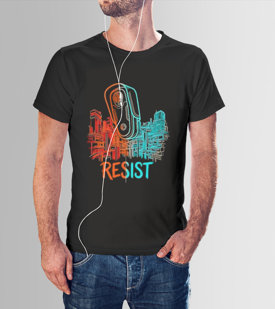 Resist Surveillance Neon City Skyline Security Camera T-Shirt