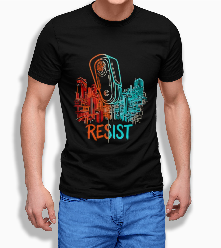 Resist Surveillance Neon City Skyline Security Camera T-Shirt