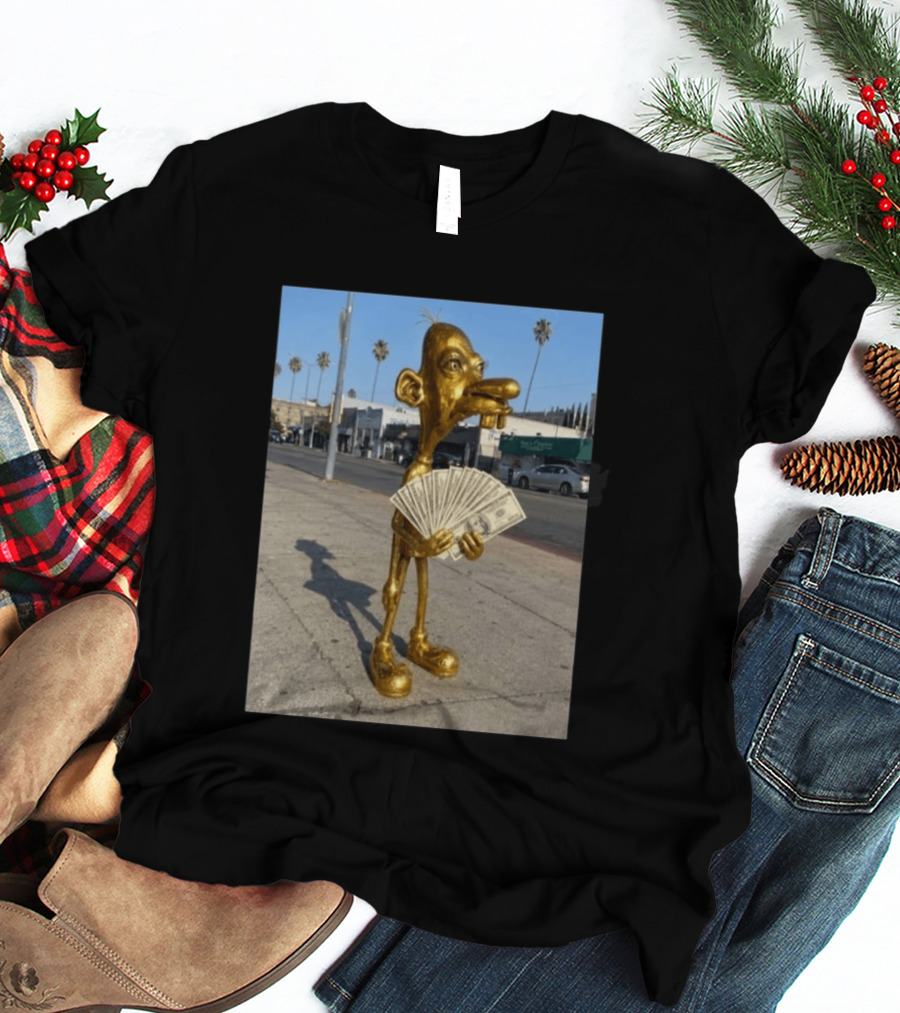 Rich Neegy Golden Cartoon Character Holding Cash On Street T-Shirt