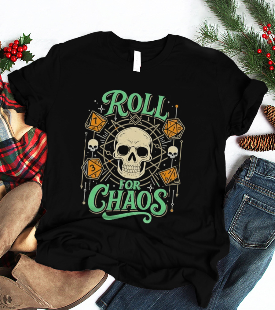 Roll For Chaos Skull RPG Dice Geometric Polyhedral Line T-Shirt