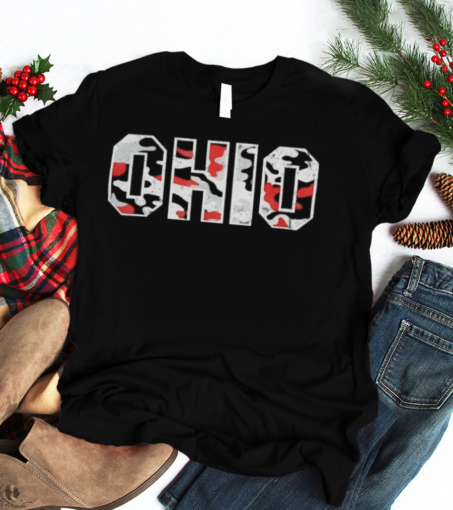 Ohio Distressed Camouflage Red Gray White Black Block T-Shirt