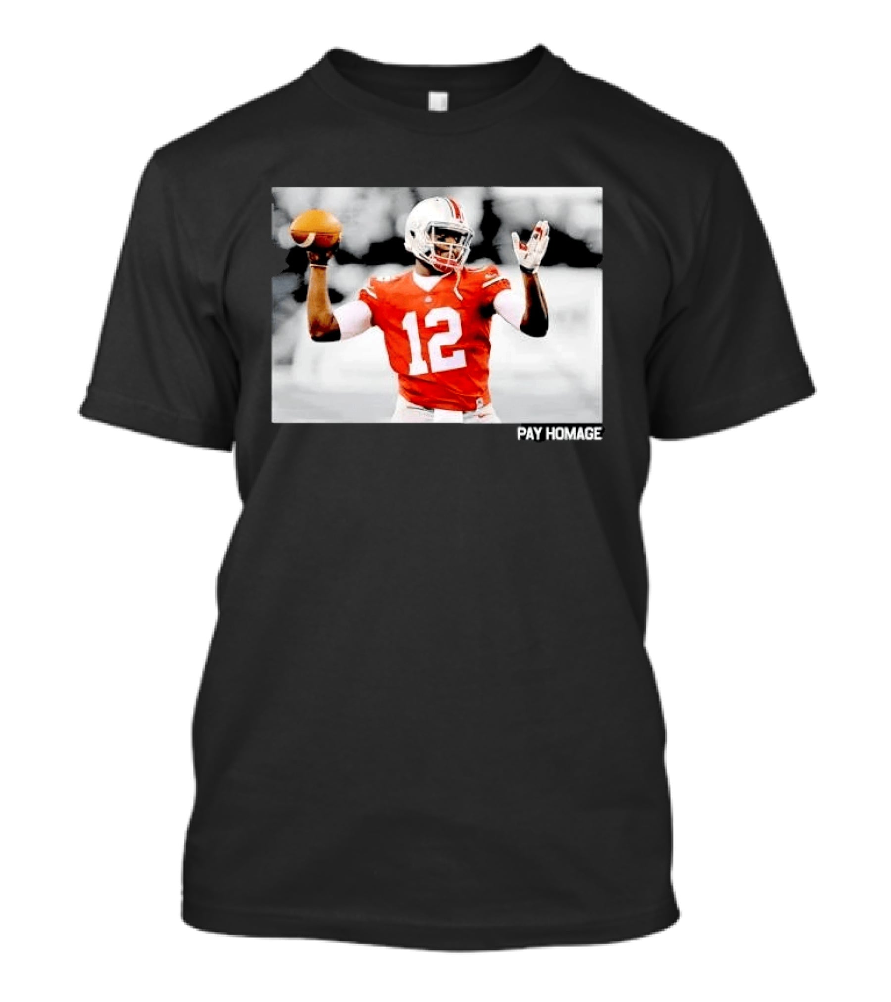 Ohio State Buckeyes Quarterback Number 12 Throwing Football Selective Color Pay Homage T-Shirt