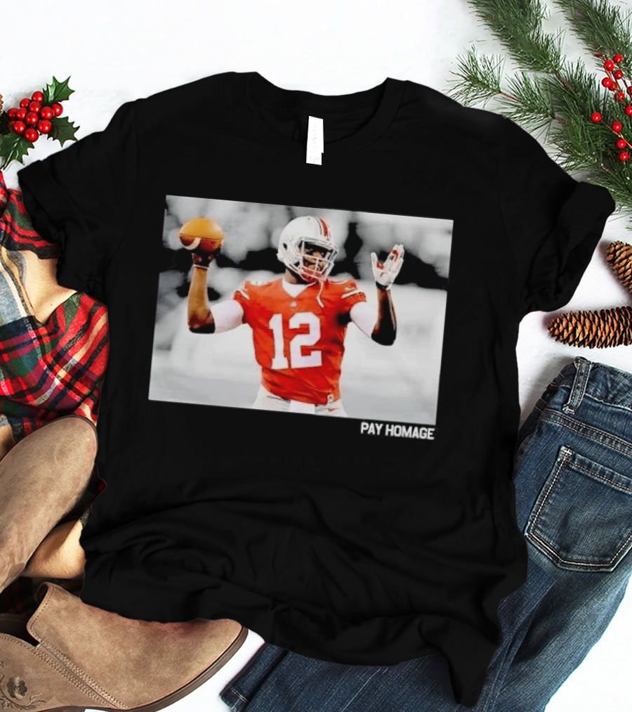 Ohio State Buckeyes Quarterback Number 12 Throwing Football Selective Color Pay Homage T-Shirt