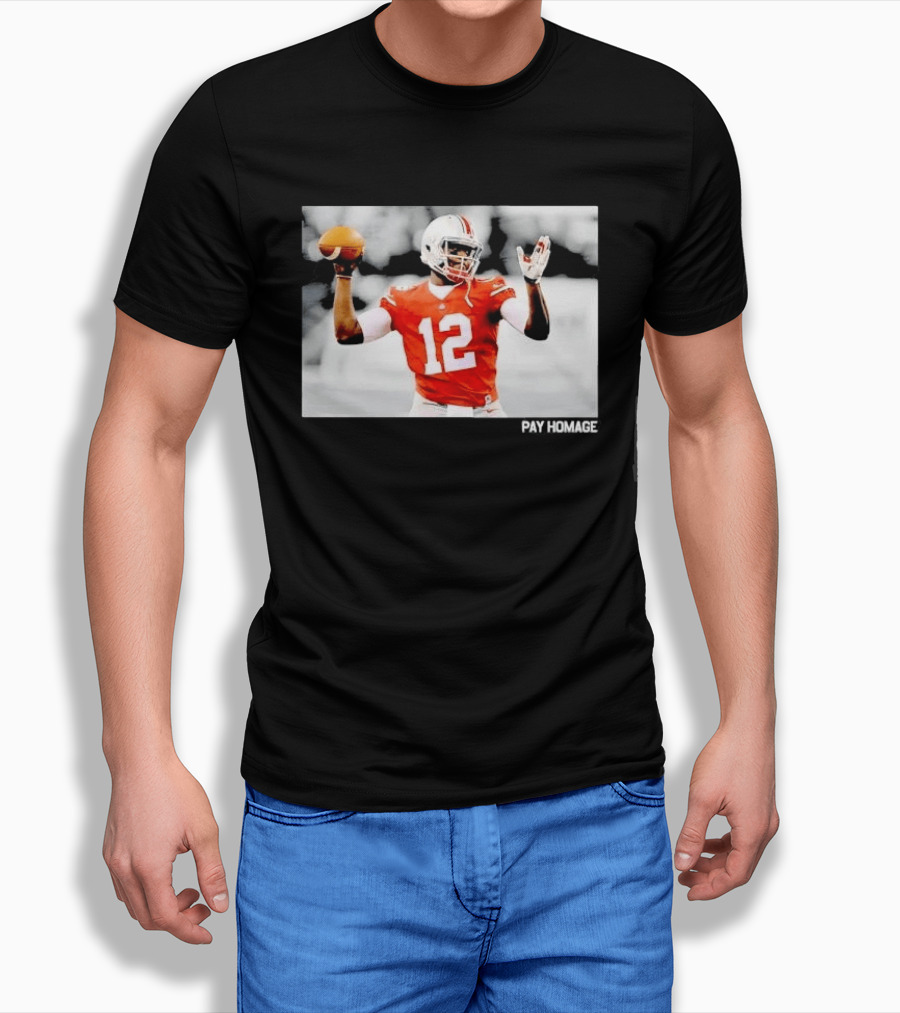 Ohio State Buckeyes Quarterback Number 12 Throwing Football Selective Color Pay Homage T-Shirt
