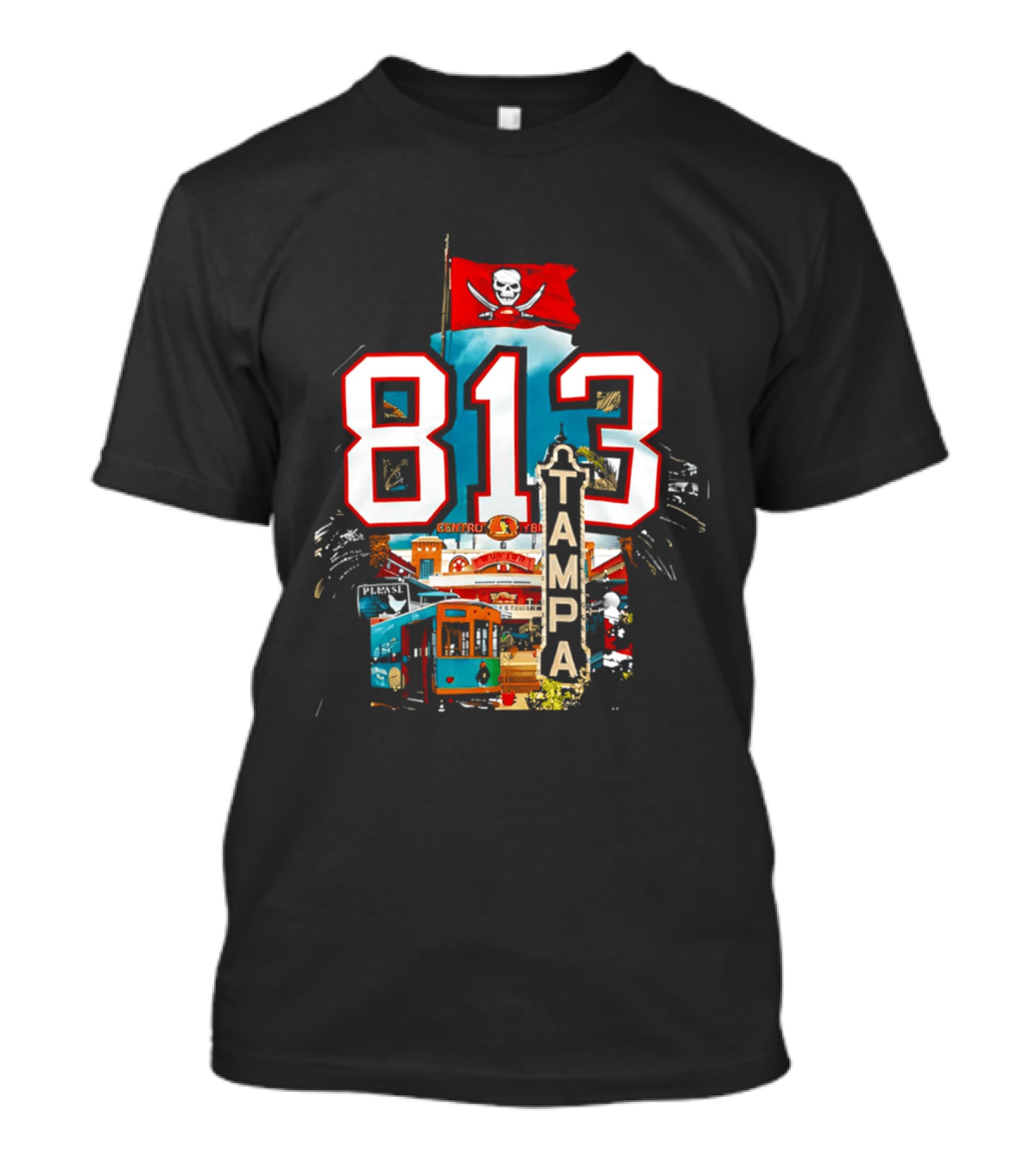 Tampa Bay Buccaneers 813 Day Celebration With Pirate Flag And Tampa Landmarks T-Shirt