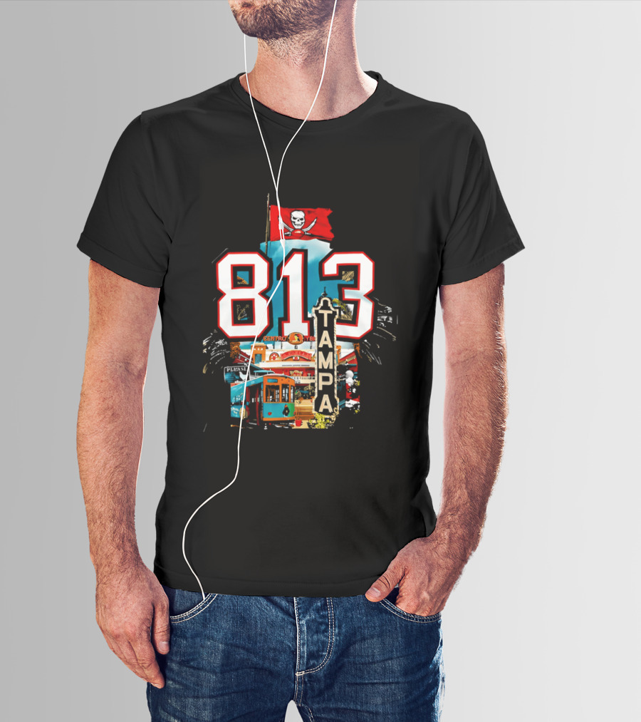 Tampa Bay Buccaneers 813 Day Celebration With Pirate Flag And Tampa Landmarks T-Shirt
