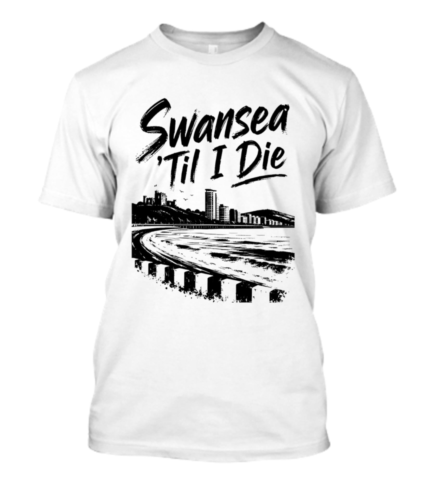 Swansea 'Til I Die Swansea Cityscape Coastal Skyline T-Shirt