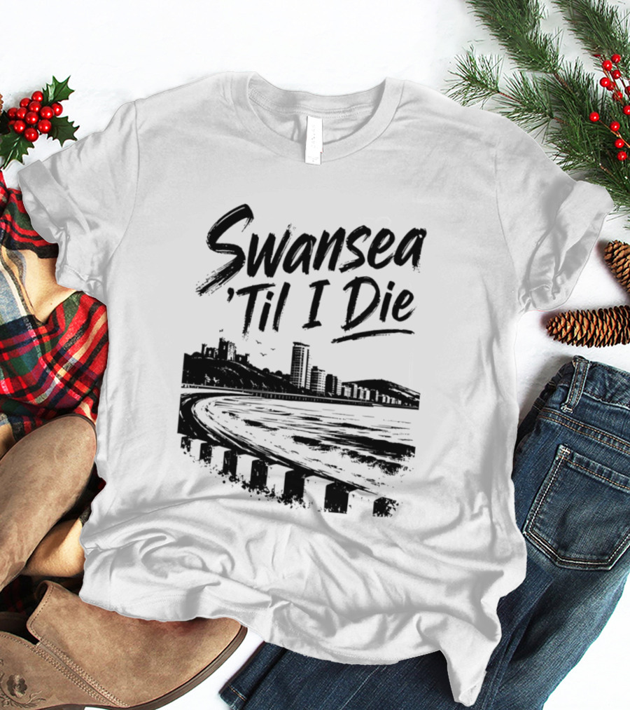 Swansea 'Til I Die Swansea Cityscape Coastal Skyline T-Shirt