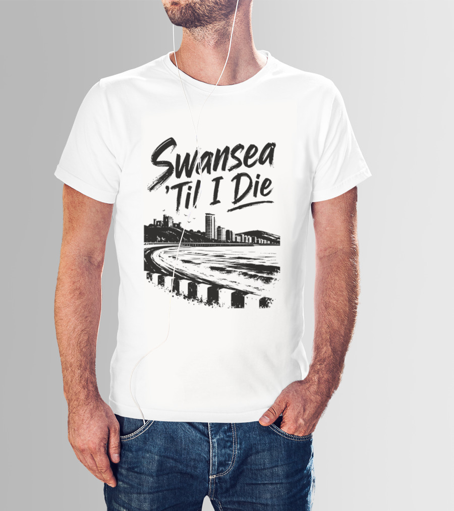 Swansea 'Til I Die Swansea Cityscape Coastal Skyline T-Shirt
