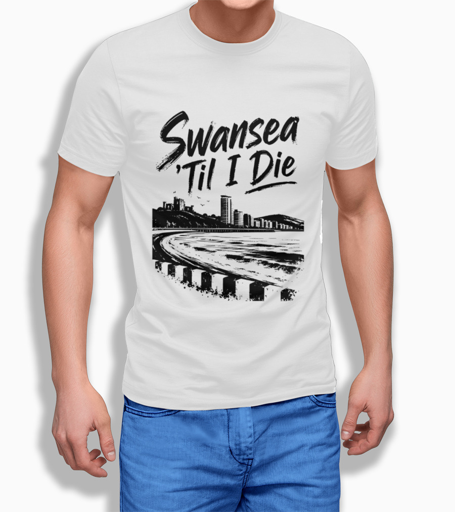 Swansea 'Til I Die Swansea Cityscape Coastal Skyline T-Shirt