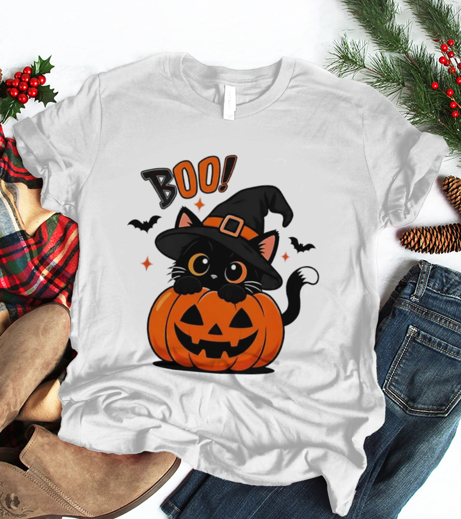 Boo Halloween Black Cat Witch Hat Jack O Lantern Pumpkin T-Shirt
