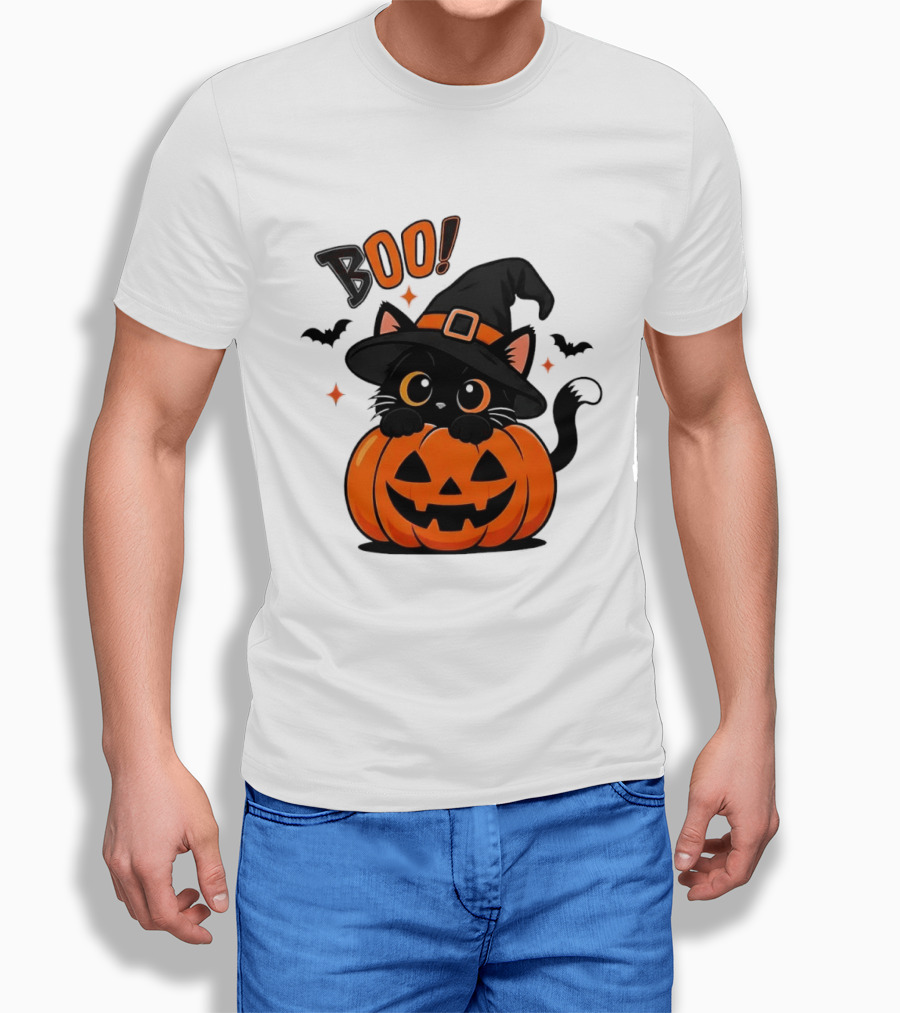 Boo Halloween Black Cat Witch Hat Jack O Lantern Pumpkin T-Shirt